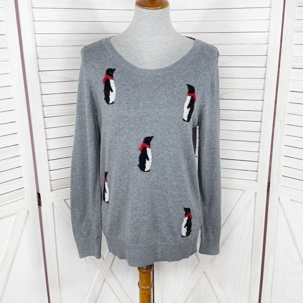 Westport 1962 Rhinestone‎ Penguins Sweater Grey Medium Lightweight Crewneck
